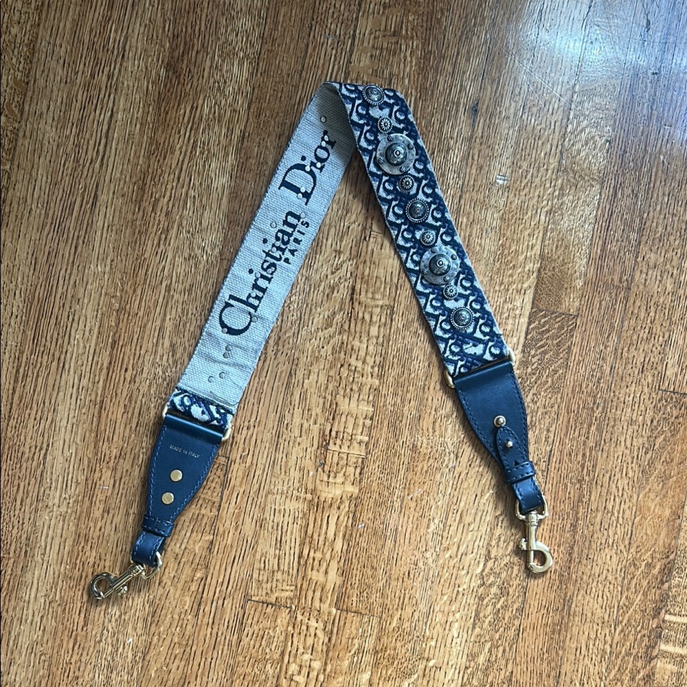 Dior Dark Ecru and Blue Dior Oblique Embroidery Strap